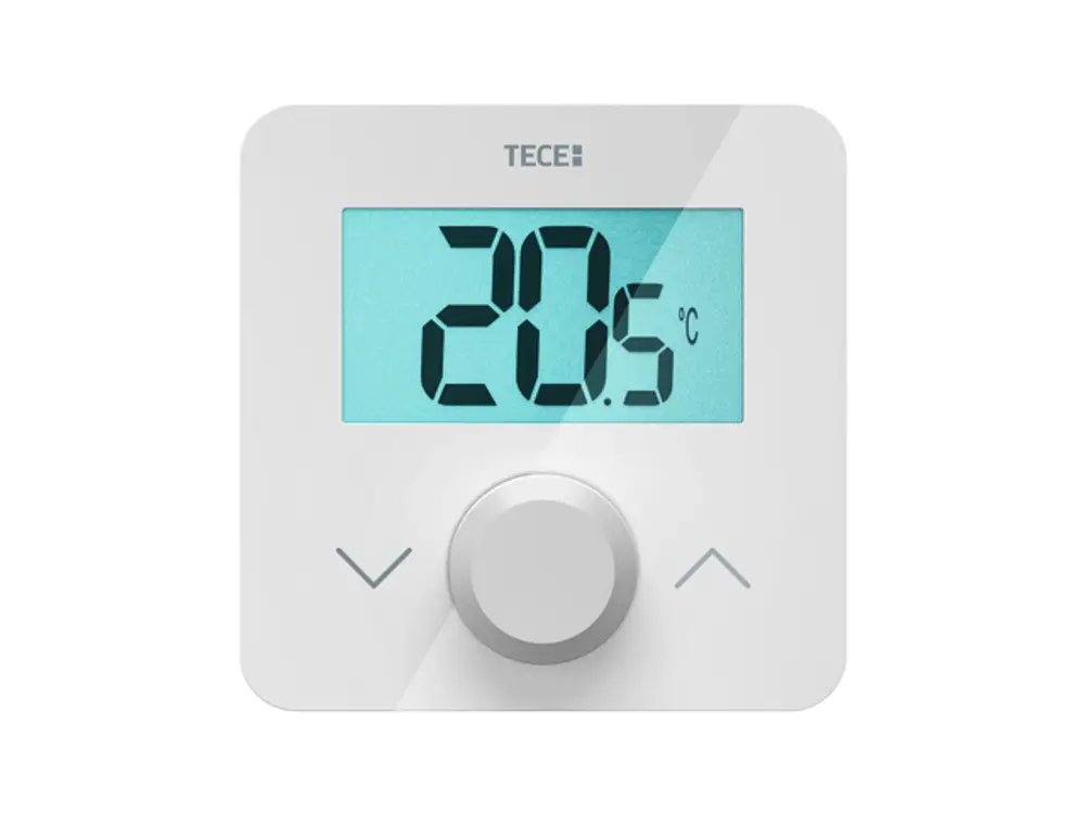 TECE Raumbediengerät mit LCD-Display zur Temperaturregelung. Anzeigewert von 20,5 °C und Bedienelement zur Einstellung der Temperatur. Weißes, schlichtes Design.